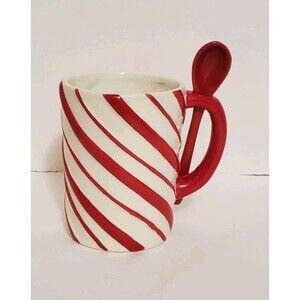 Teleflora Candy Cane Coffee Mug Tall Cup + Matching Red Spoon Holiday Cocoa Vtg